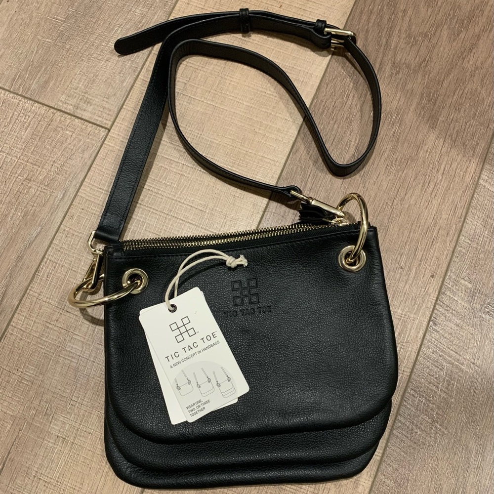 NEW! Tic Tac Toe Minime NWT Purse Interchangeable Handbags Black Leather w/ Gold